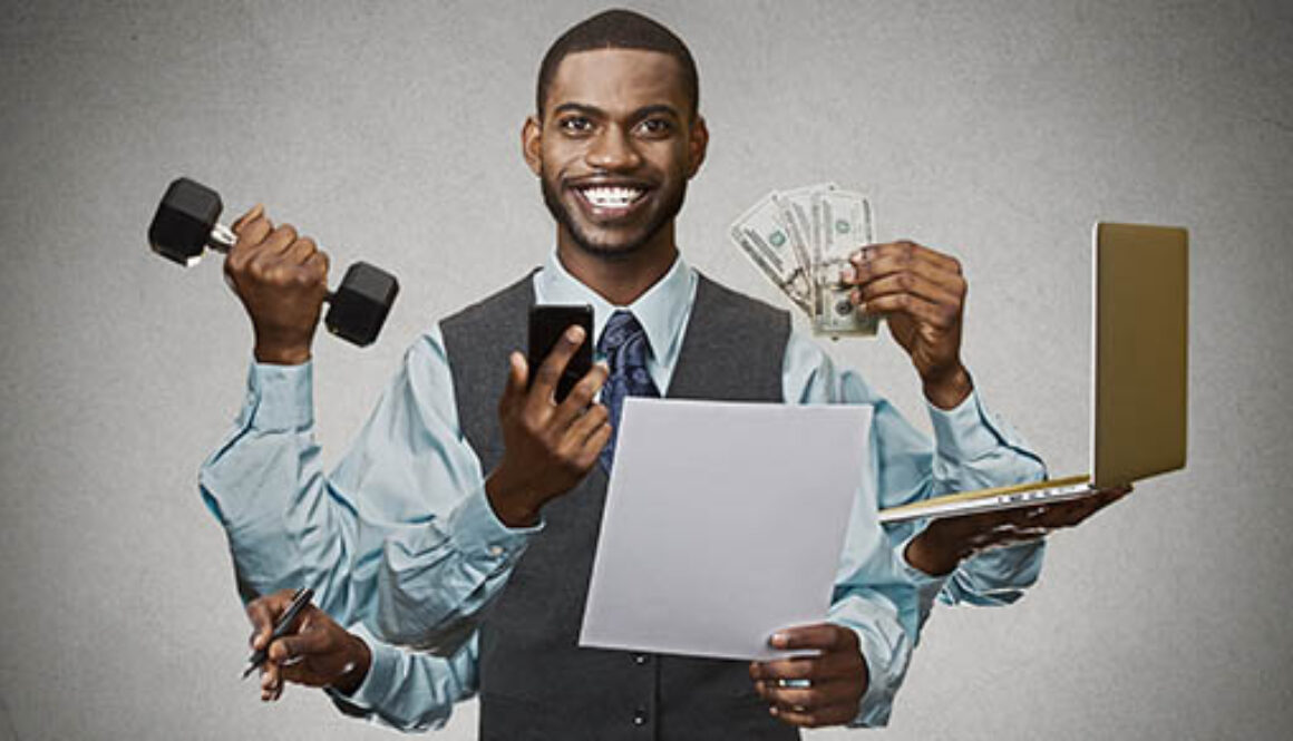 Multitasking,Happy,Business,Man,Isolated,On,Grey,Wall,Background.,Busy