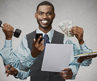 Multitasking,Happy,Business,Man,Isolated,On,Grey,Wall,Background.,Busy