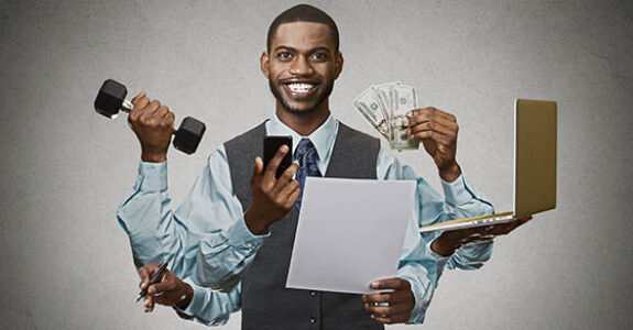 Multitasking,Happy,Business,Man,Isolated,On,Grey,Wall,Background.,Busy
